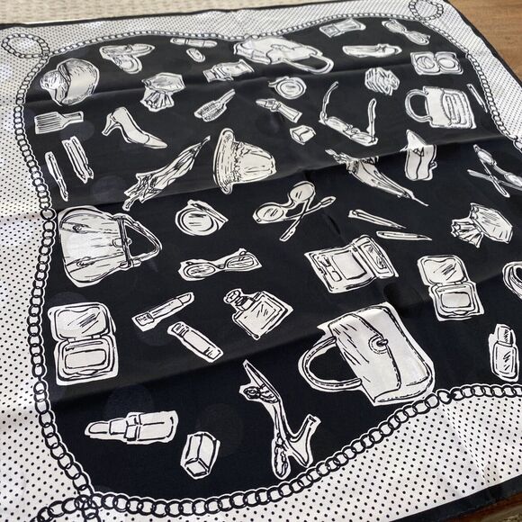 Vintage Talbots Black & White Silk Scarf Shopping Motif Neckerchief Monochrome - Picture 6 of 8